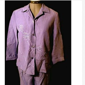 ONNA TORAN Silk & Linen Pants Set 6 Embroidered floral Purple 2 piece SpringSet